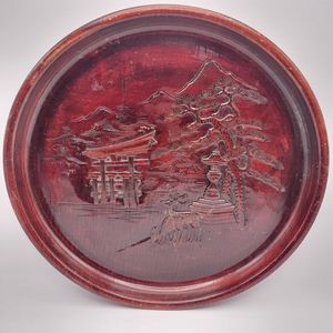 Antique Cypress Wood Carved Tray 13" Japanese Nature Temple Scene Osaka